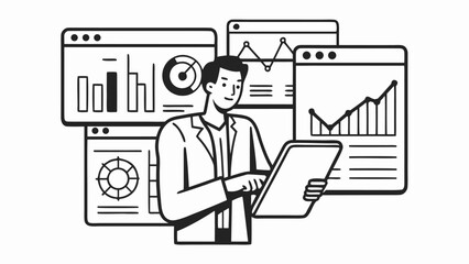 Man analyzing data on tablet with charts and graphs in the background in black and white style | editable eps vectors silhouette