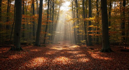Obraz premium Sunlight filtering through the autumn woodland illuminates a leaf-strewn path
