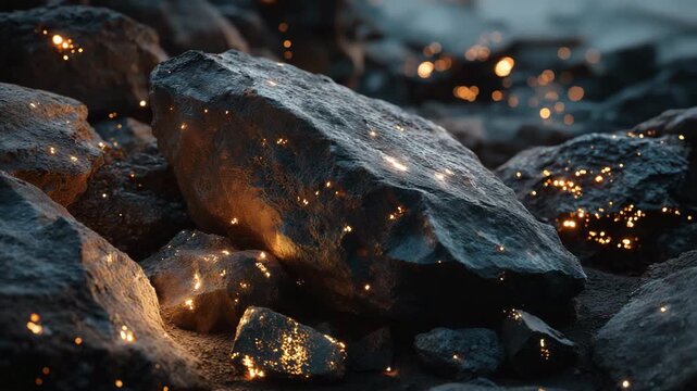 A large rock covered in glowing sparks, giving it a mystical appearance. conceptual of rough rare earth stones glowing with golden light, dark rocky background, gritty dramatic feel, mining