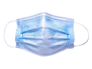 Blue disposable medical face covering with white ear loops image, Isolated On Png Transparent Background