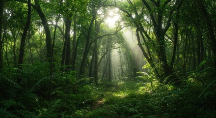 Obraz premium Sunlit canopy casts beams across lush vegetation in a serene forest landscape
