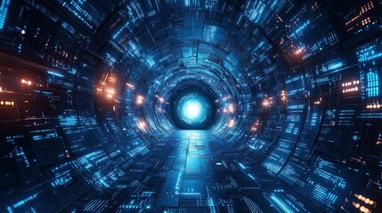 Fototapeta premium Blue Digital Tech Tunnel with Circuit Board, Abstract Circular Portal in Dark Space Futuristic Background, HD Vector Technology Cover