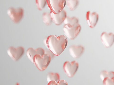 Soft pink and rose gold hearts floating and sparkling against a clean white background, isolated for design use
