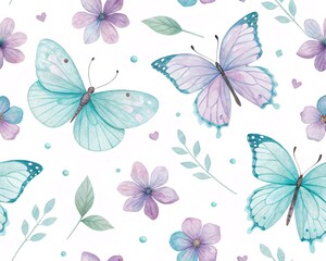 Beautiful Watercolor Butterflies and Delicate Purple Flowers Adorn a Whimsical Pattern Design