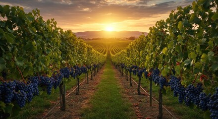 Fototapeta premium Vineyard bathed in golden light: Rows of grapevines under a picturesque sunset panorama