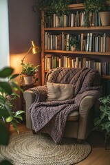 Cozy reading nook with bookshelves and plants
