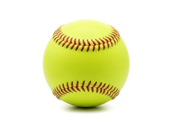 A bright optic yellow softball with red stitching isolated on a clean white background for sports and recreation concepts.