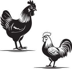 Silhouette of Rooster and chicken hen vector rooster standing on white background