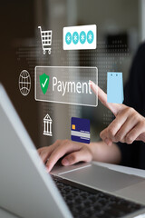 Fototapeta premium Person using online digital payment banking finance transaction service with security verification encryption password identity authentication concept