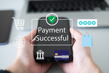 Person using smartphone laptop for online payment money transfer application digital banking service network technology concept