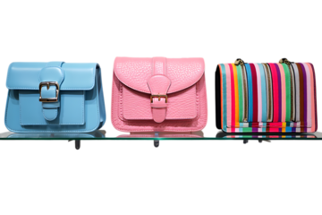 Three vibrant women's handbags in blue, pink, and colorful stripes displayed on a glass shelf.