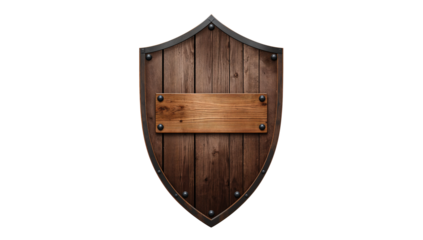 Isolated medieval wooden shield with metal trim on a black background offering copy space for