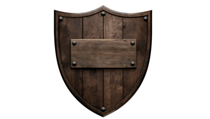 Wooden shield with blank wooden sign, medieval protection equipment isolated on black background,