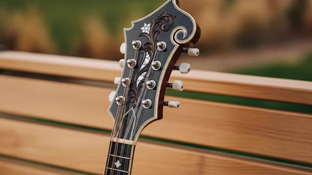 Ornate mandolin headstock on park bench