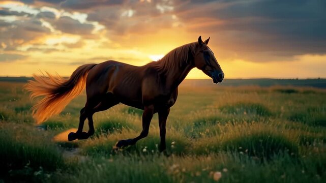 Powerful Wild Horse Galloping Freely at Sunrise &ndash; A Cinematic Celebration of Strength, Freedom, and Natural Vitality in an Open Meadow