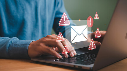 Person typing on laptop with digital email notifications and red warning icons appearing around the screen