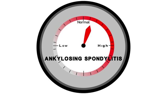 Ankylosing Spondylitis text or word displayed with a barometer or tachometer-style gauge showing levels from low to normal to high,