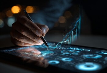 Hand drawing charts on a glowing tablet at night
