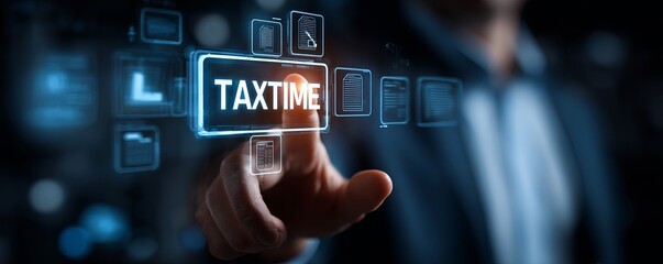 A hand touches a glowing "TAXTIME" button on a digital interface
