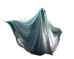 Ethereal Ghost Figure Floating in Darkness A Spooky Halloween Concept and Paranormal Illustration against Black Background