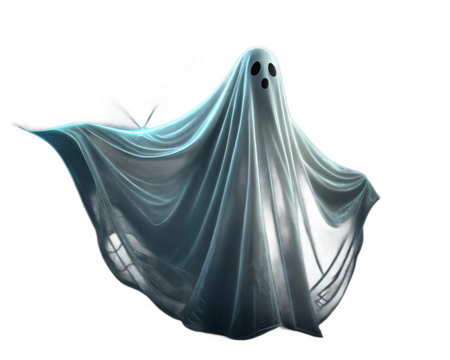 Ethereal Ghost Figure Floating in Darkness A Spooky Halloween Concept and Paranormal Illustration against Black Background