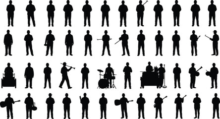 Silhouettes of Workers and Musicians in Standing and Action Poses – Ideal for Character Design, Animation, and Creative Illustrations