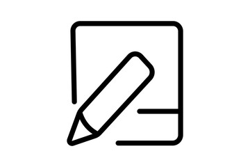 Obraz premium The image shows a simple, black-and-white icon of a pencil writing on a sheet of paper. The paper is represented by a square with rounded corners.