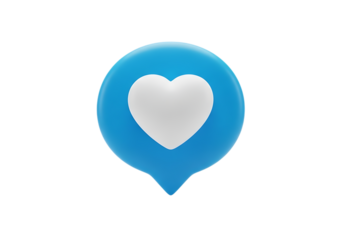 Blue location pin with white heart symbol isolated on transparent background