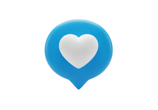 Blue location pin with white heart symbol isolated on transparent background