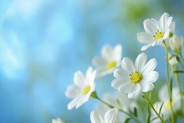 Fototapeta premium White flowers in soft focus against a light blue background