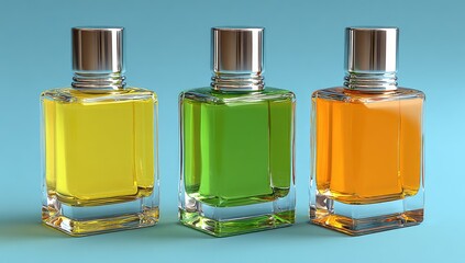 Three rectangular glass perfume bottles, yellow, green, and orange, with silver caps, on a light blue background