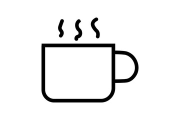 The image features a simple, black-and-white icon of a hot beverage mug. The mug has a square-like body with rounded corners and a handle on the right side.