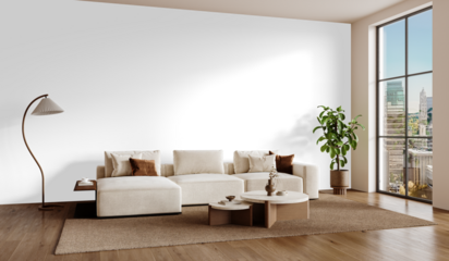 Elegant Interior PNG with Sofa, Floor Lamp, Large Window and Beige Carpet - Transparent Background PNG