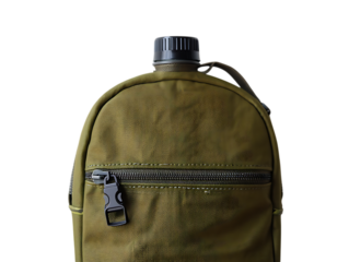 Close-up of an olive green backpack featuring a prominent front zipper pocket and dark buckle