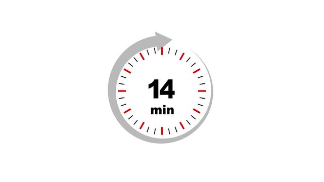 A clean and modern 14 minute timer animation with a red circular arrow on white background . Delivery service, online deal remaining time