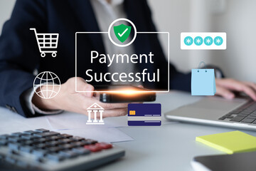 Online payment digital mobile banking application network transaction success financial technology success innovation concept