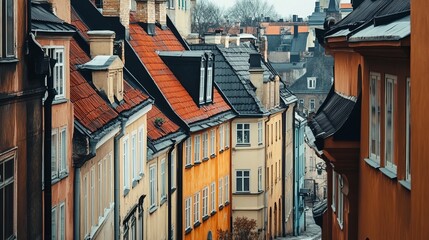 Colorful, historic European townhouses with varied rooftops