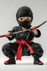A child, dressed in a ninja costume, poised with a katana