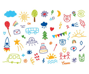 Kid crayon hand drawn background. Children school pencil bg. Cute summer flower, cloud, house, rainbow sun child icon. Vector kid sketch illustration.