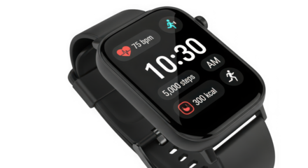 Modern smartwatch displaying time and health metrics