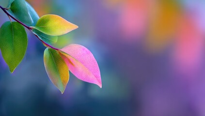 Close-up of colorful leaves on a branch, soft focus background