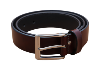 Classic men's brown leather belt with a sleek polished silver rectangular buckle, neatly coiled on a dark background.