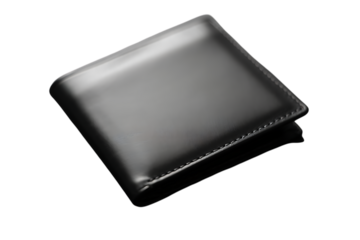 Sleek black bifold wallet with a subtle glossy finish and meticulous stitching on a dark background.