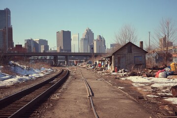 Fototapeta premium Urban railway tracks lead to a city skyline