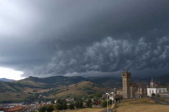 Storm clouds gather over a village nestled in rolling hills