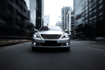Silver car moves through urban cityscape