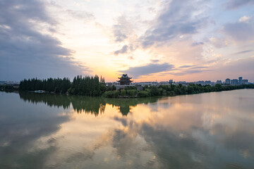 Aerial view of  Xiangyang Ancient  city in Hubei, on the Han River, built in Western Han Dynasty, surrounded by water on three sides, well-preserved.