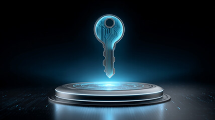 A digital key with a neon chip hovers on a black background. Cryptography and cryptographic systems, security, information transfer and privacy protection.