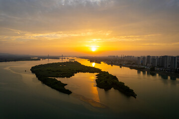 Aerial view of  Xiangyang Ancient  city in Hubei, on the Han River, built in Western Han Dynasty, surrounded by water on three sides, well-preserved.