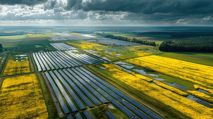 Aerial view of solar farm beside yellow fields